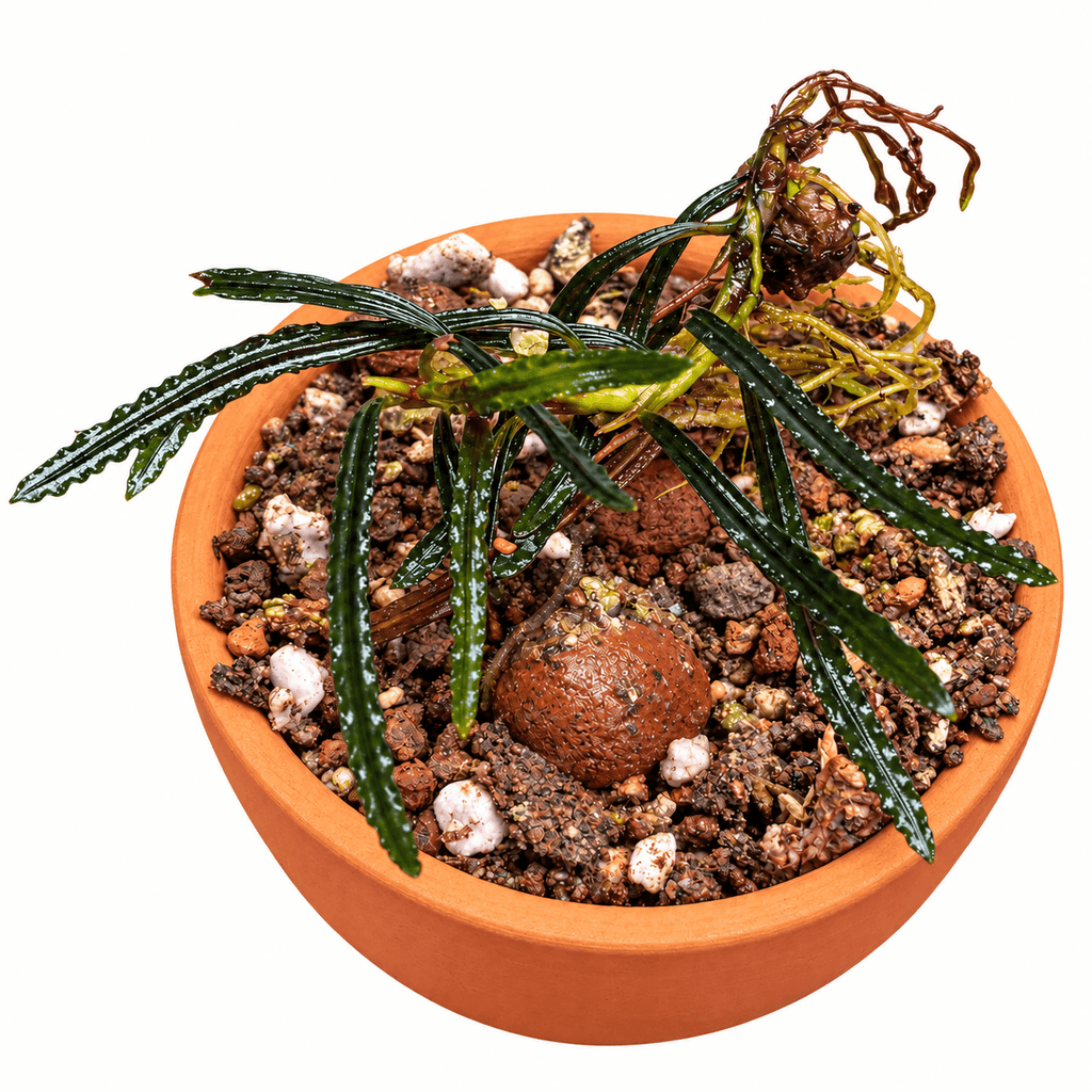 Bucephalandra Rosemary (Bucephalandra belindae var. 'Rosemary') in a terracotta pot with rich substrate.