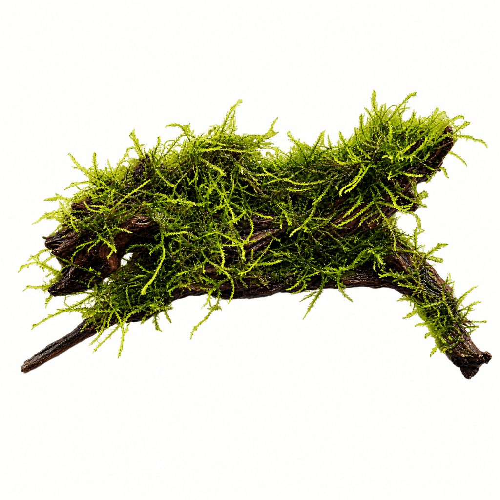 Weeping Moss Grown on Bog Wood (Vesicularia ferriei) beautifully anchored on bog wood for aquariums and terrariums.